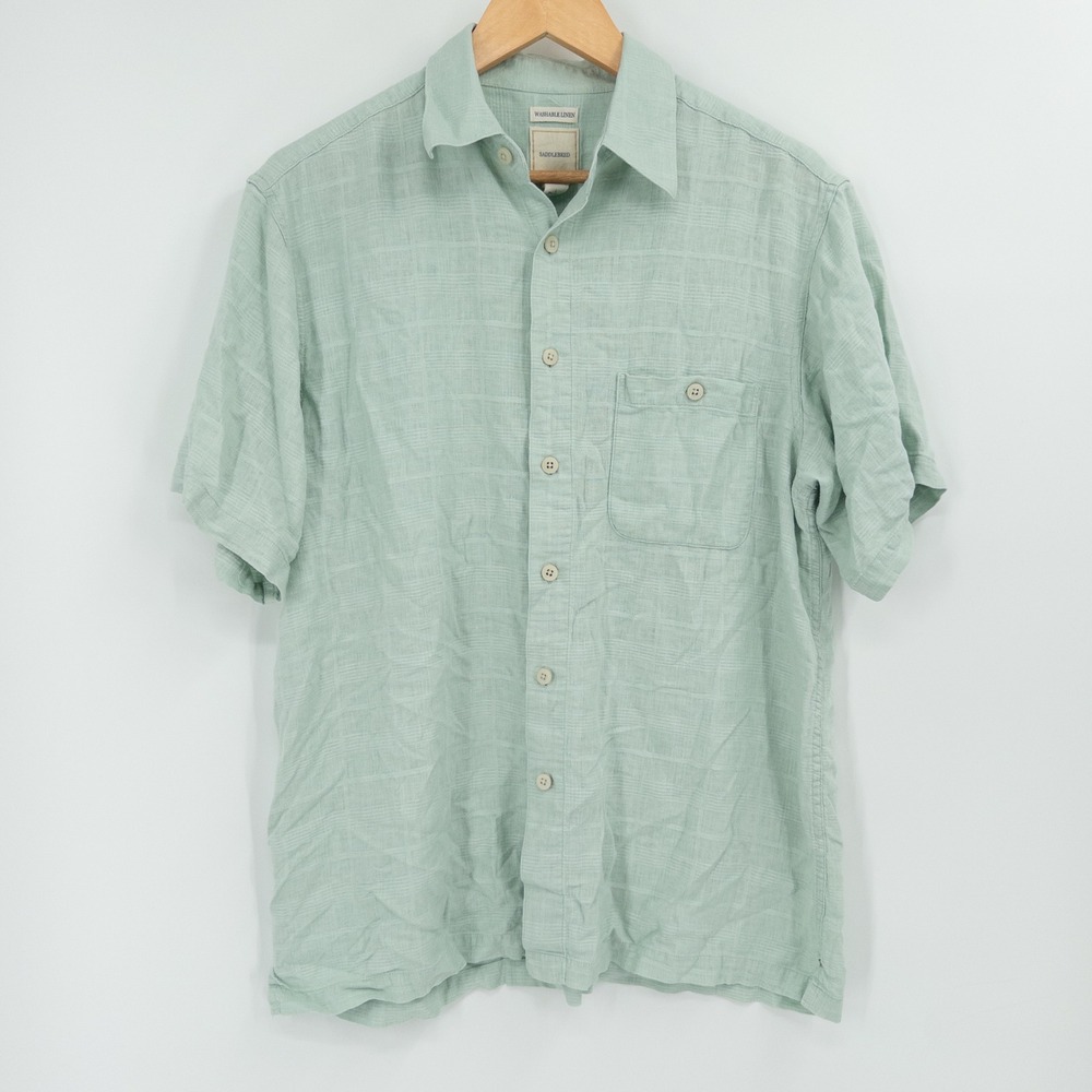 Saddlebred Button Down Shirt Mens L Green Linen Blend Beach Vaca Short Sleeve